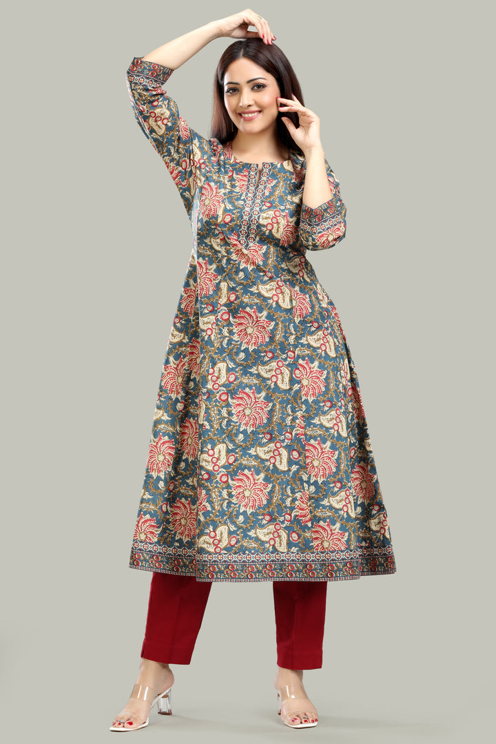 Teal Jaipuri Cotton A Line Printed Kurta