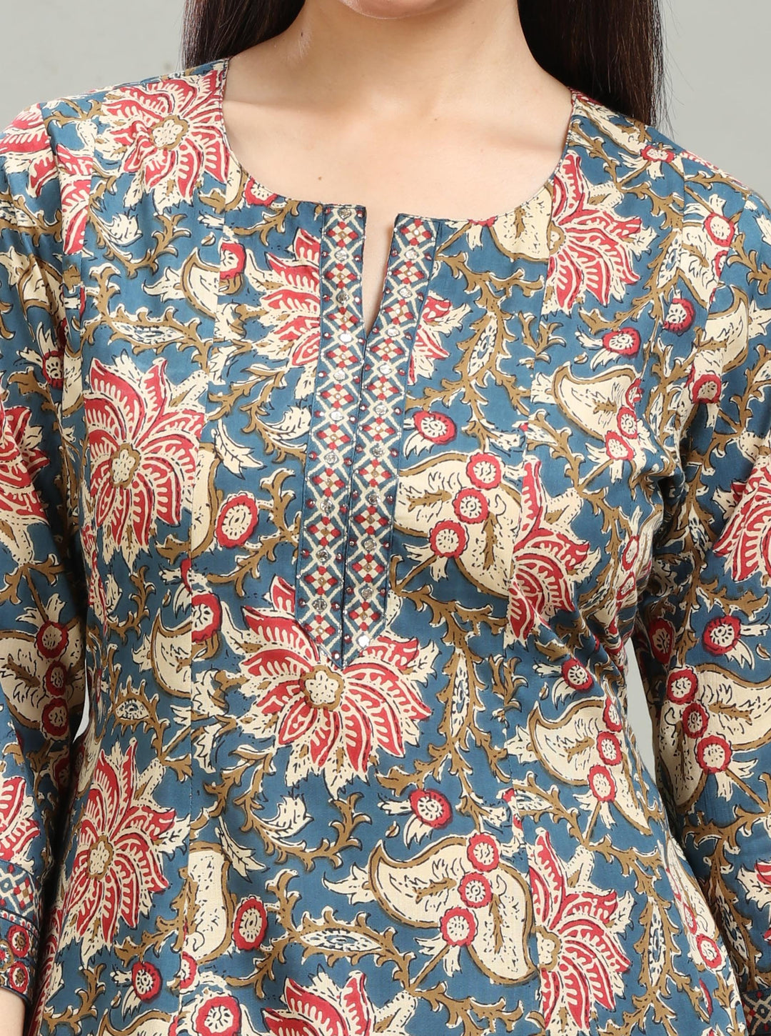 Teal Jaipuri Cotton A Line Printed Kurta