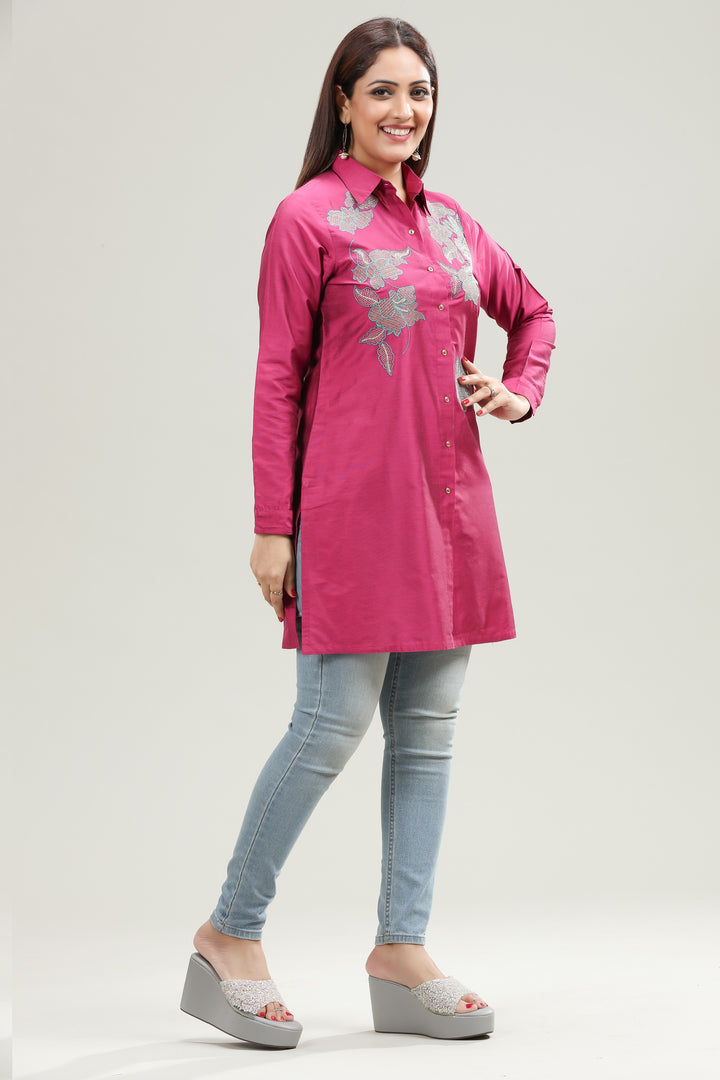 Purple PolySilk Straight Embroidered Kurta