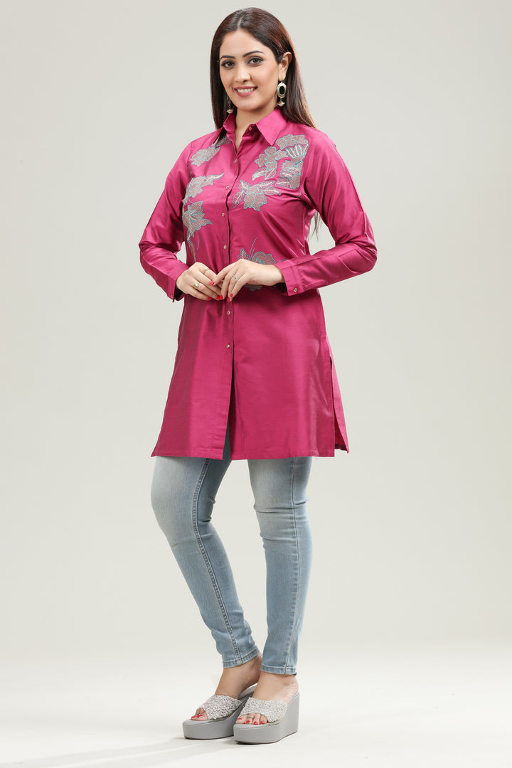 Purple PolySilk Straight Embroidered Kurta