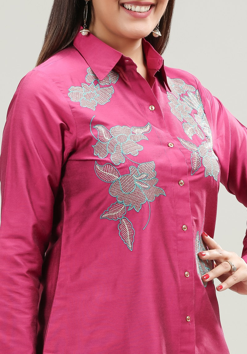 Purple PolySilk Straight Embroidered Kurta