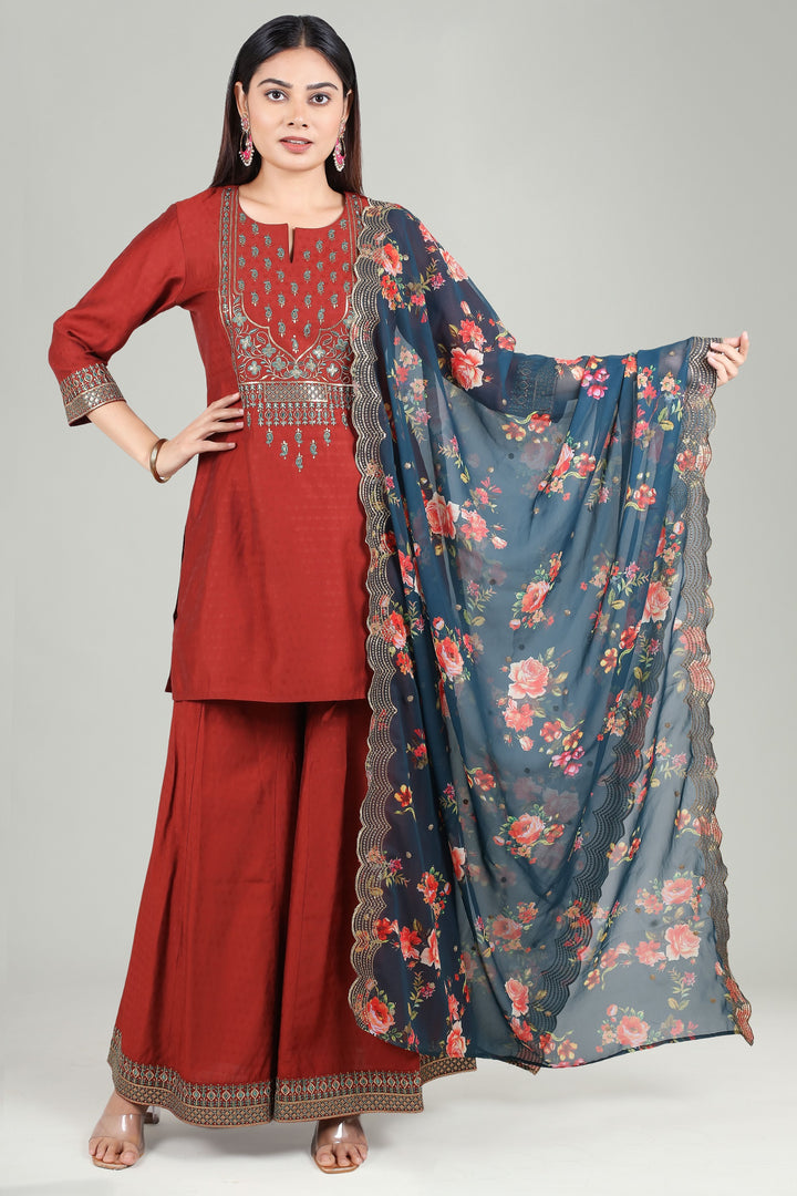 Rust PolySilk Straight Embroidered Kurta Pant Suit Set