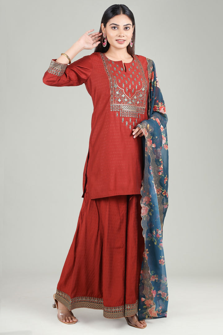 Rust PolySilk Straight Embroidered Kurta Pant Suit Set