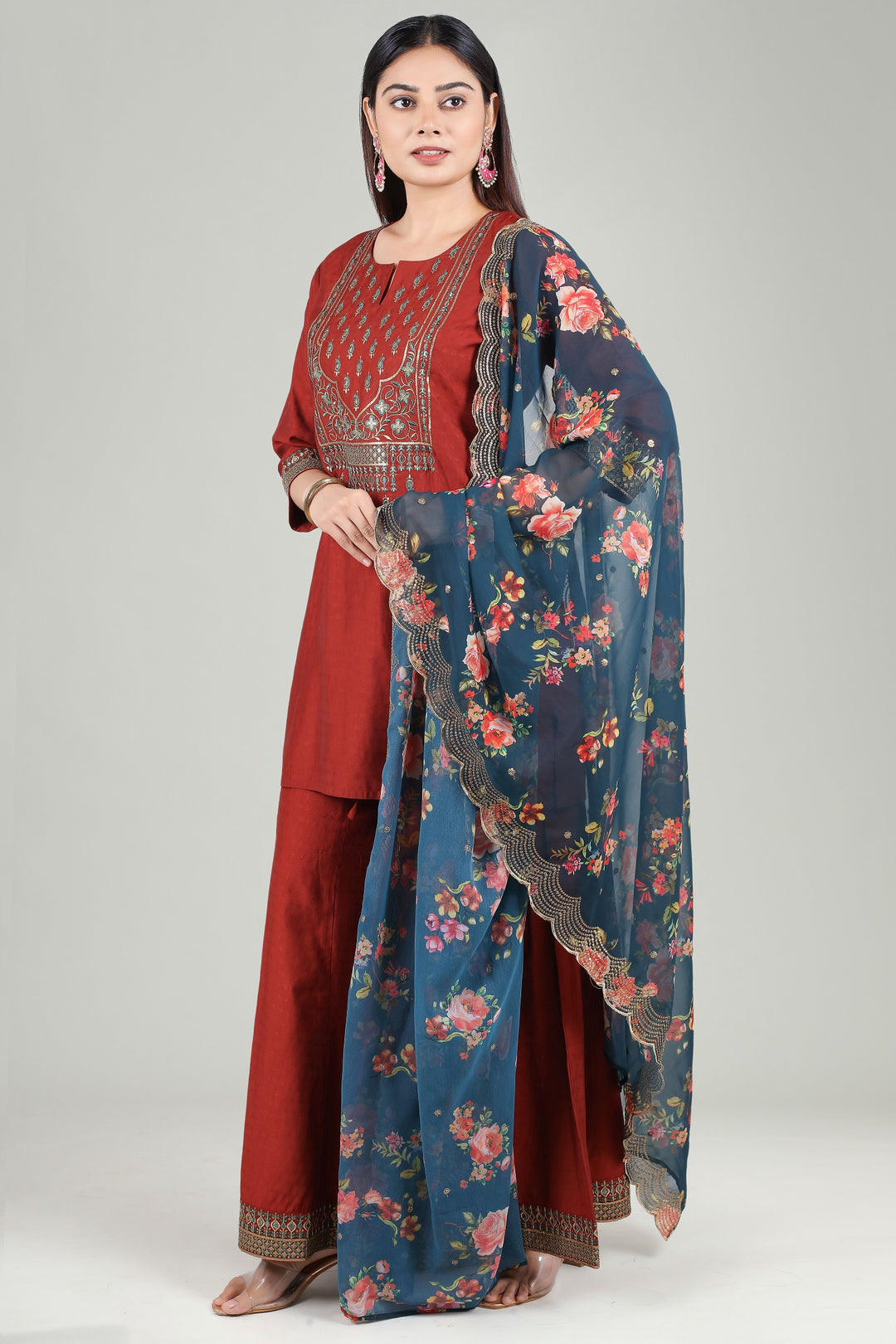 Rust PolySilk Straight Embroidered Kurta Pant Suit Set