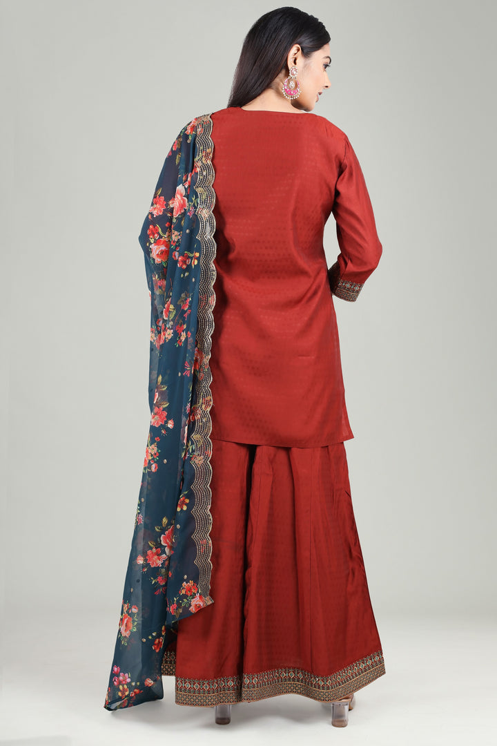 Rust PolySilk Straight Embroidered Kurta Pant Suit Set