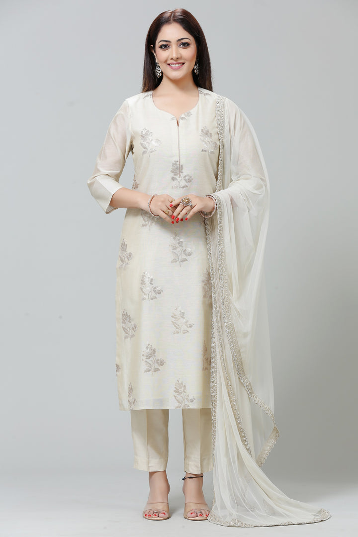 Cream Cotton Silk Straight Embroidered Kurta Pant Suit Set