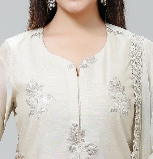 Cream Cotton Silk Straight Embroidered Kurta Pant Suit Set