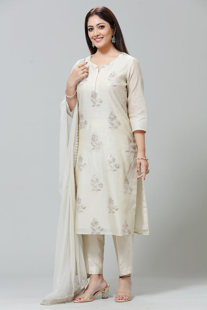 Cream Cotton Silk Straight Embroidered Kurta Pant Suit Set