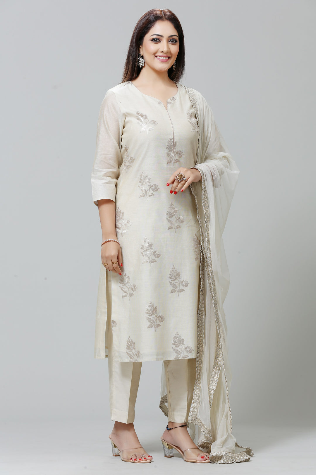 Cream Cotton Silk Straight Embroidered Kurta Pant Suit Set