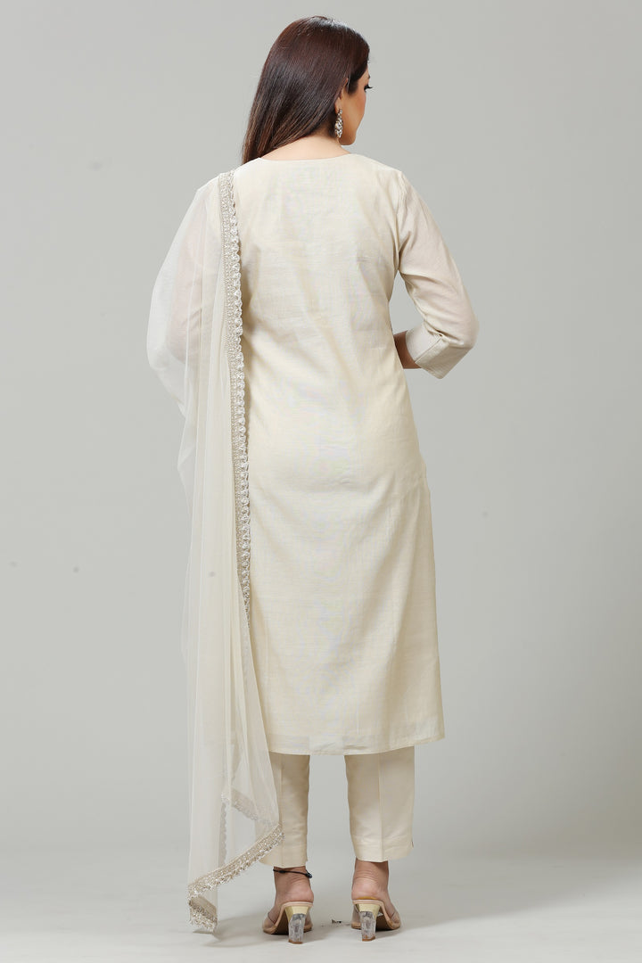 Cream Cotton Silk Straight Embroidered Kurta Pant Suit Set