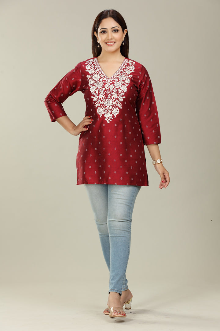 Maroon PolySilk Straight Embroidered Short Kurta