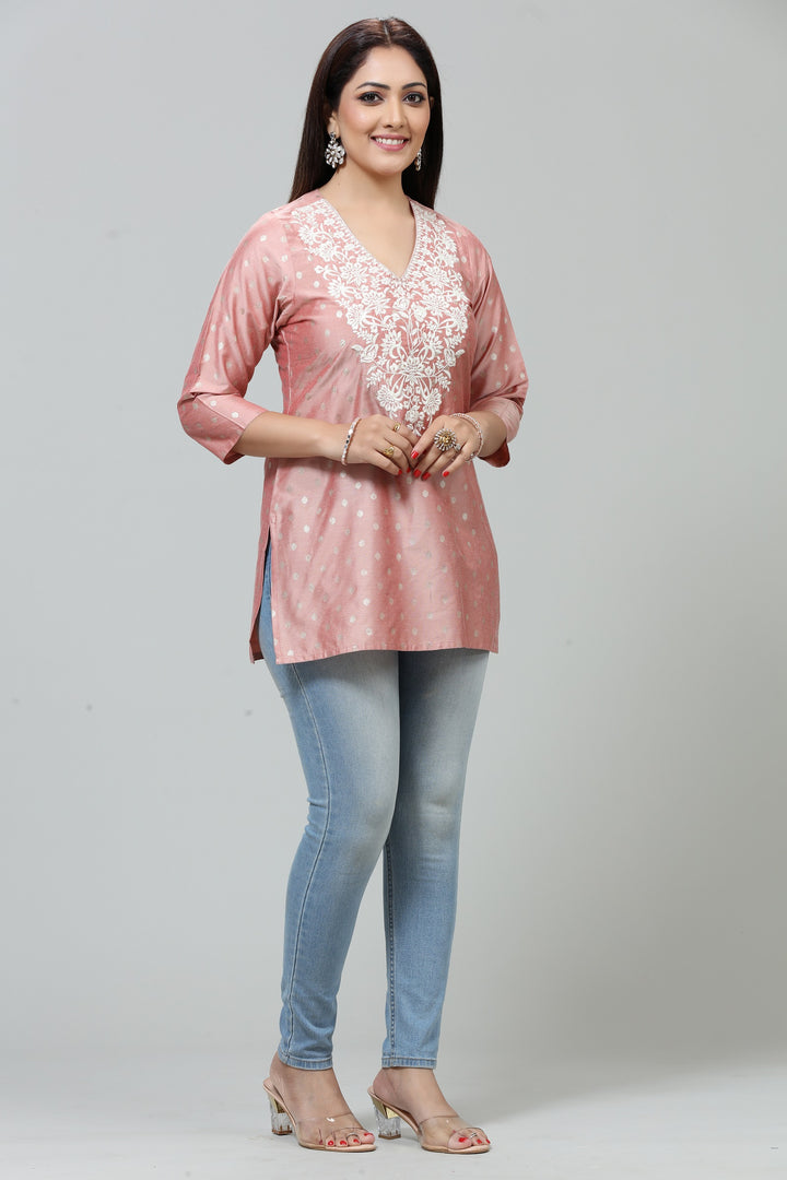 Peach PolySilk Straight Embroidered Short Kurta