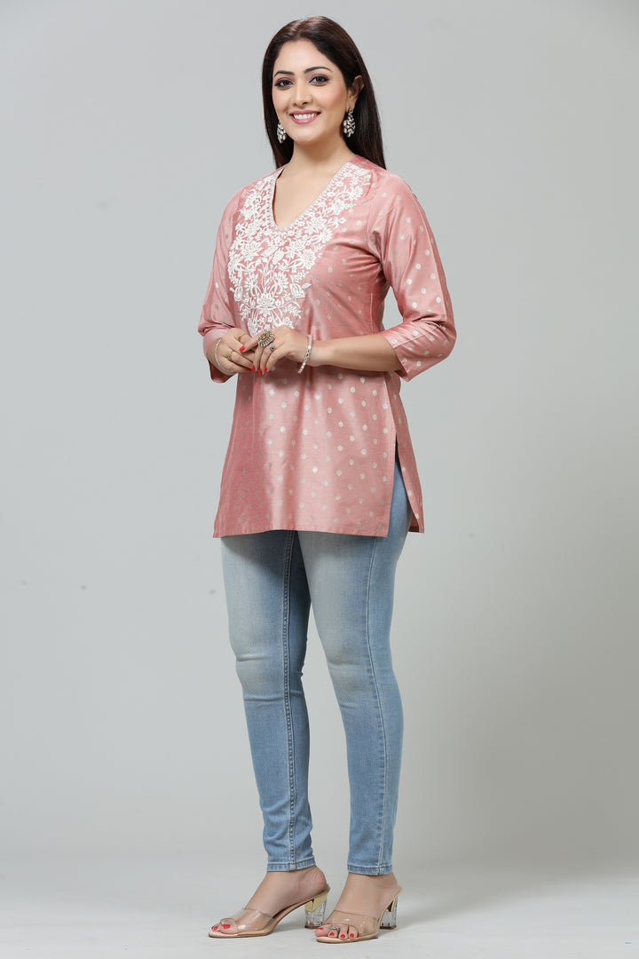 Peach PolySilk Straight Embroidered Short Kurta