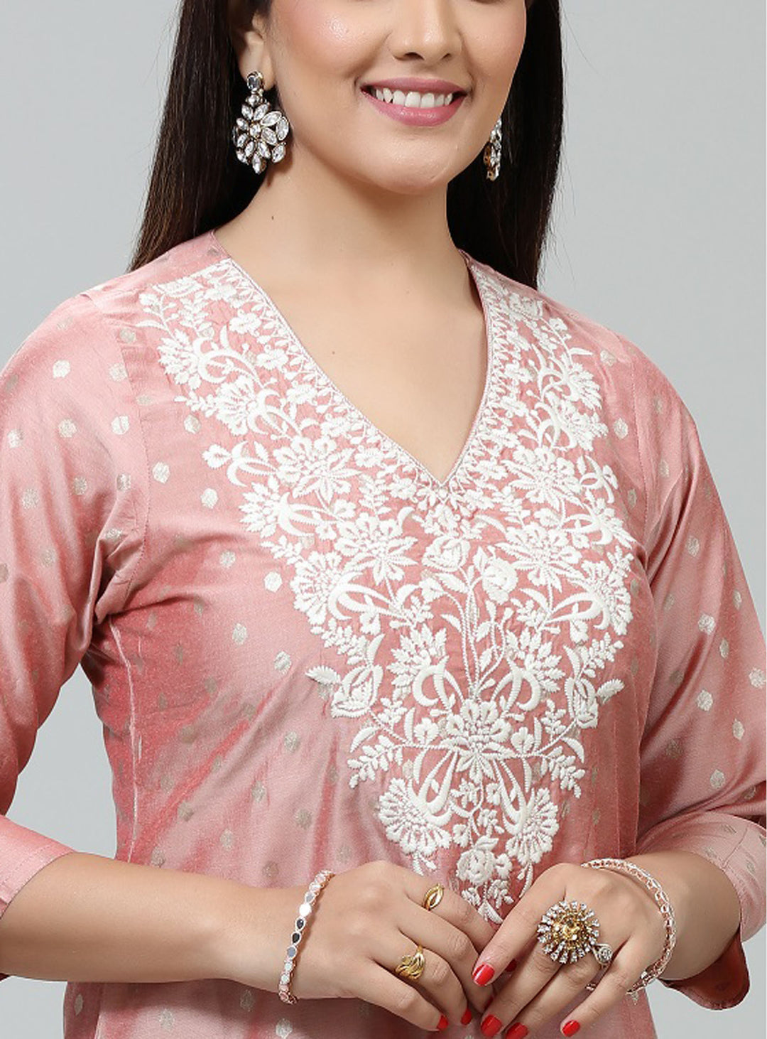 Peach PolySilk Straight Embroidered Short Kurta