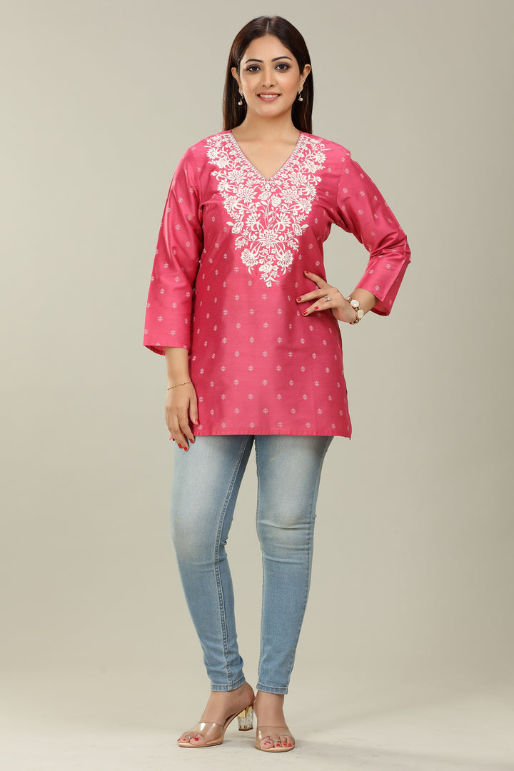 Pink PolySilk Straight Embroidered Short Kurta