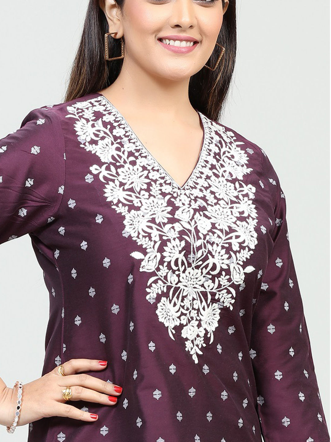 Purple PolySilk Straight Embroidered Short Kurta