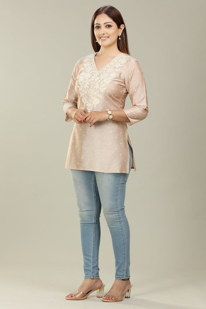 Beige PolySilk Straight Embroidered Short Kurta