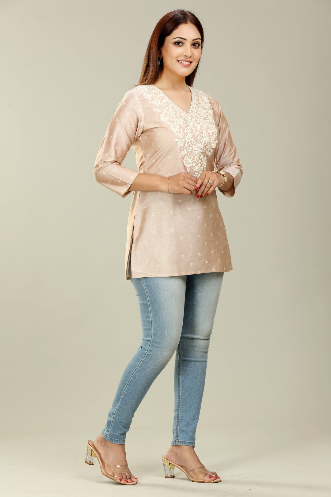 Beige PolySilk Straight Embroidered Short Kurta