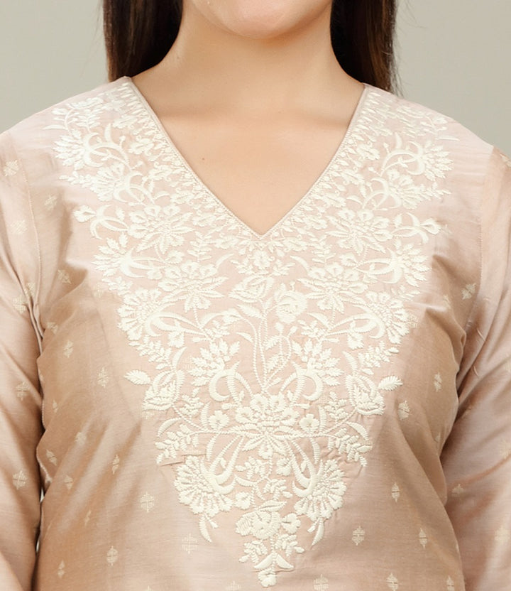 Beige PolySilk Straight Embroidered Short Kurta