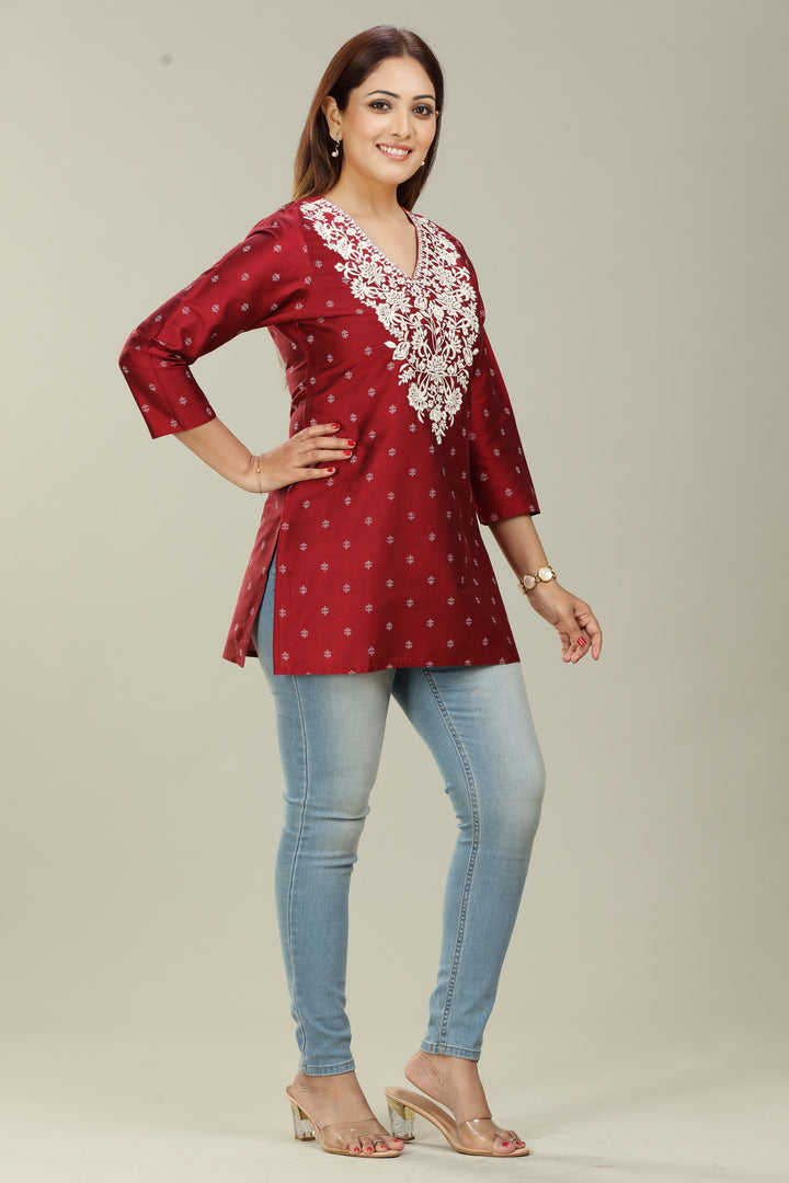 Maroon PolySilk Straight Embroidered Short Kurta