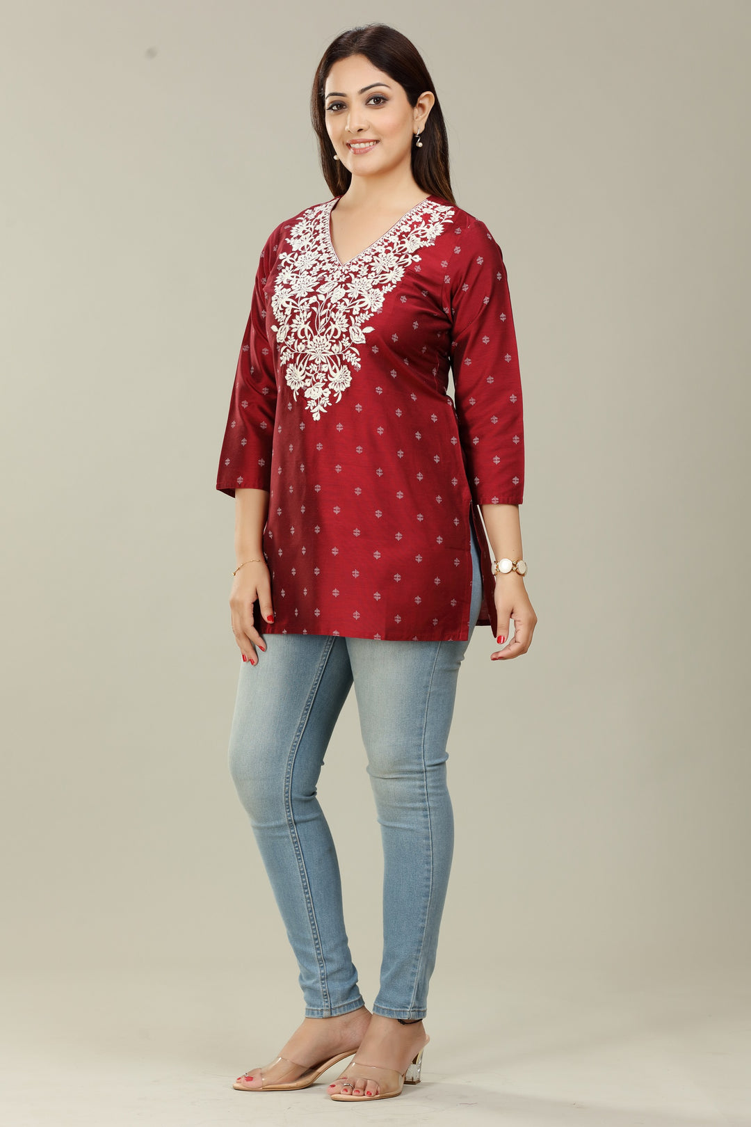 Maroon PolySilk Straight Embroidered Short Kurta