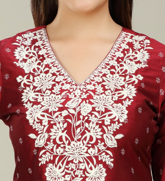 Maroon PolySilk Straight Embroidered Short Kurta