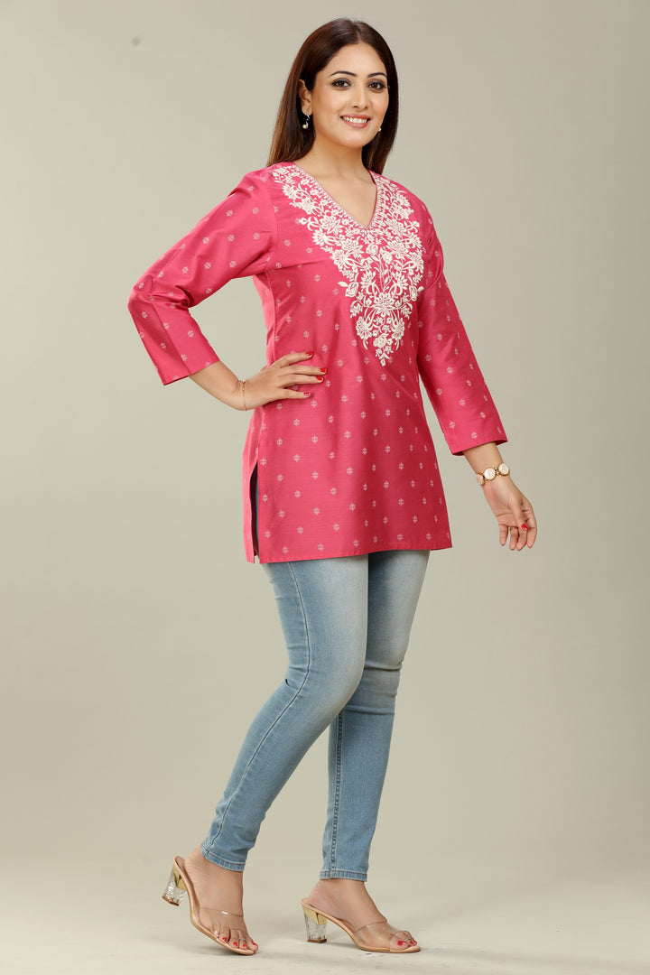 Pink PolySilk Straight Embroidered Short Kurta