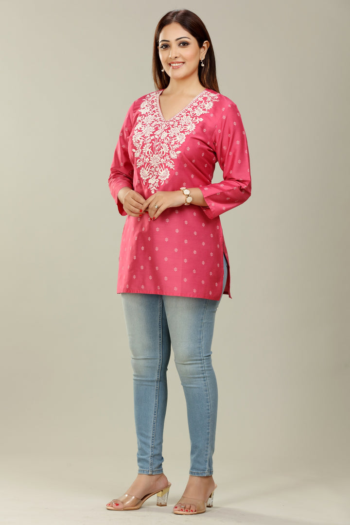 Pink PolySilk Straight Embroidered Short Kurta