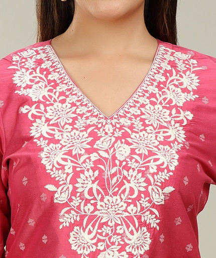 Pink PolySilk Straight Embroidered Short Kurta