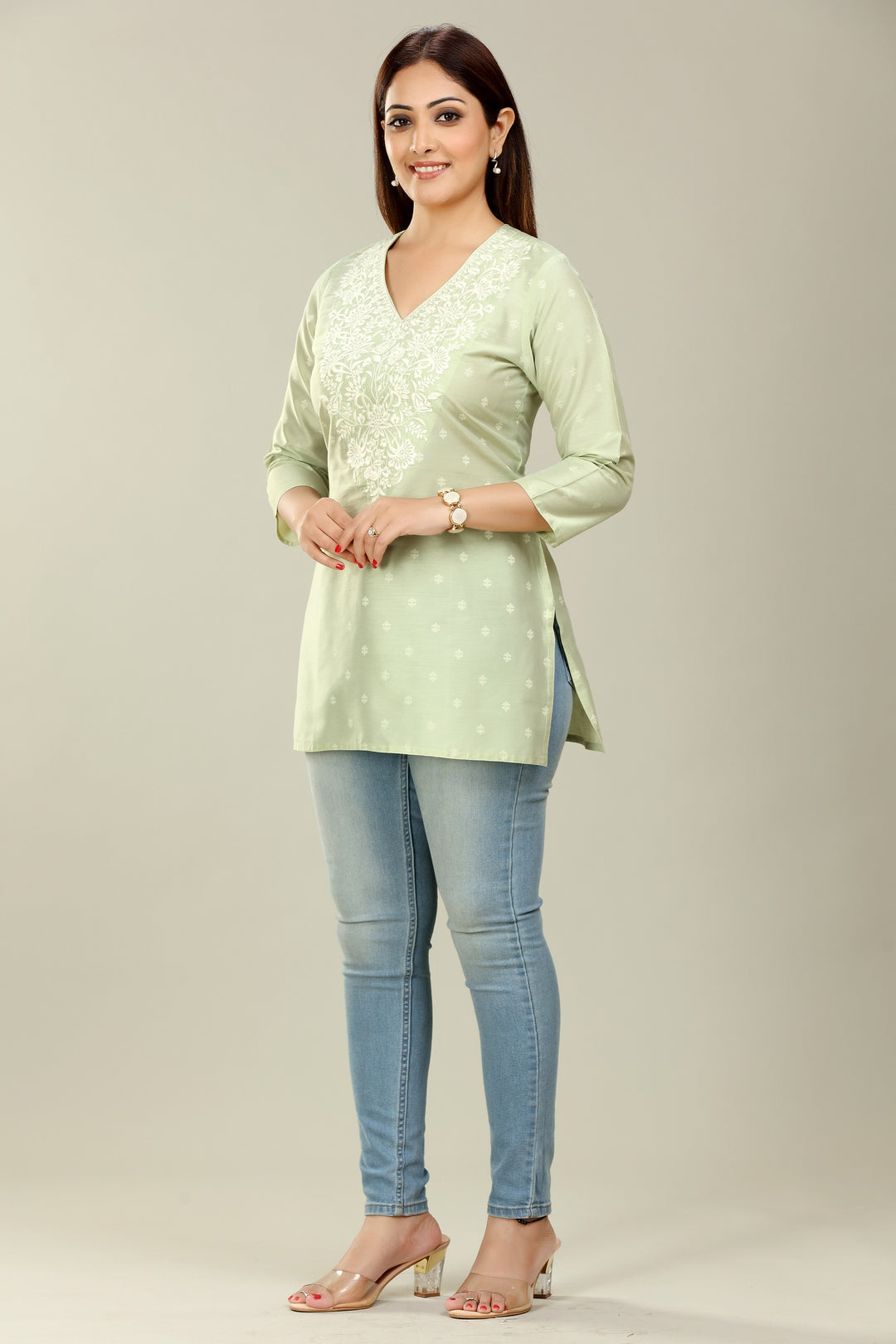 Pista Green Polysilk Straight Embroidered Short Kurta