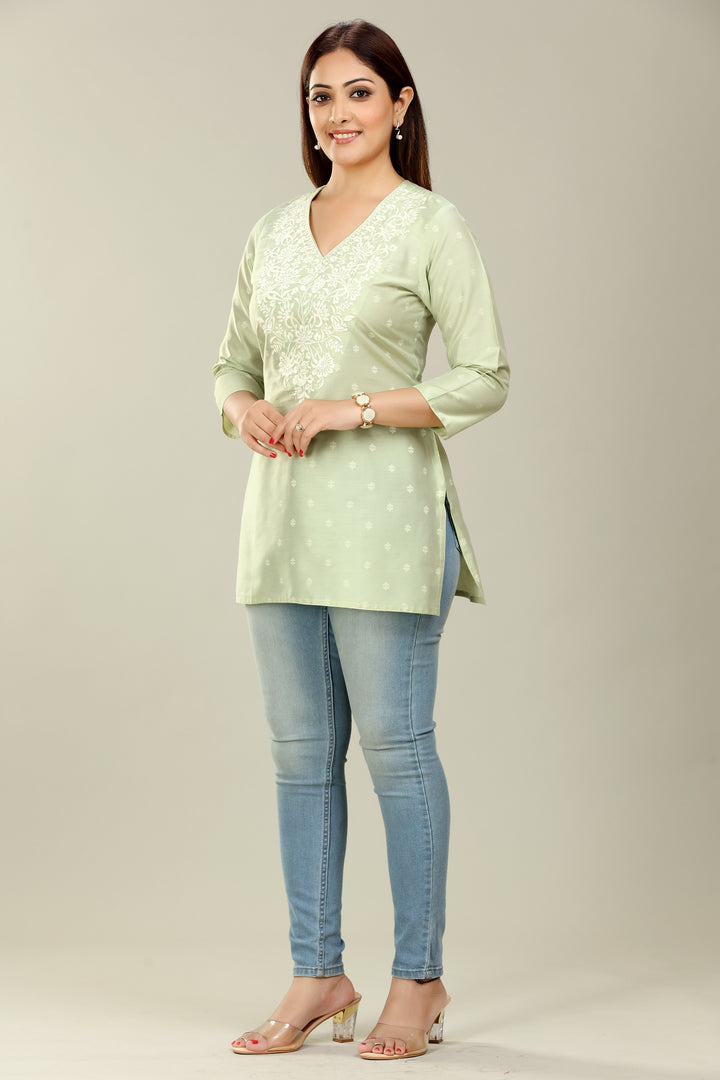 Pista Green Polysilk Straight Embroidered Short Kurta