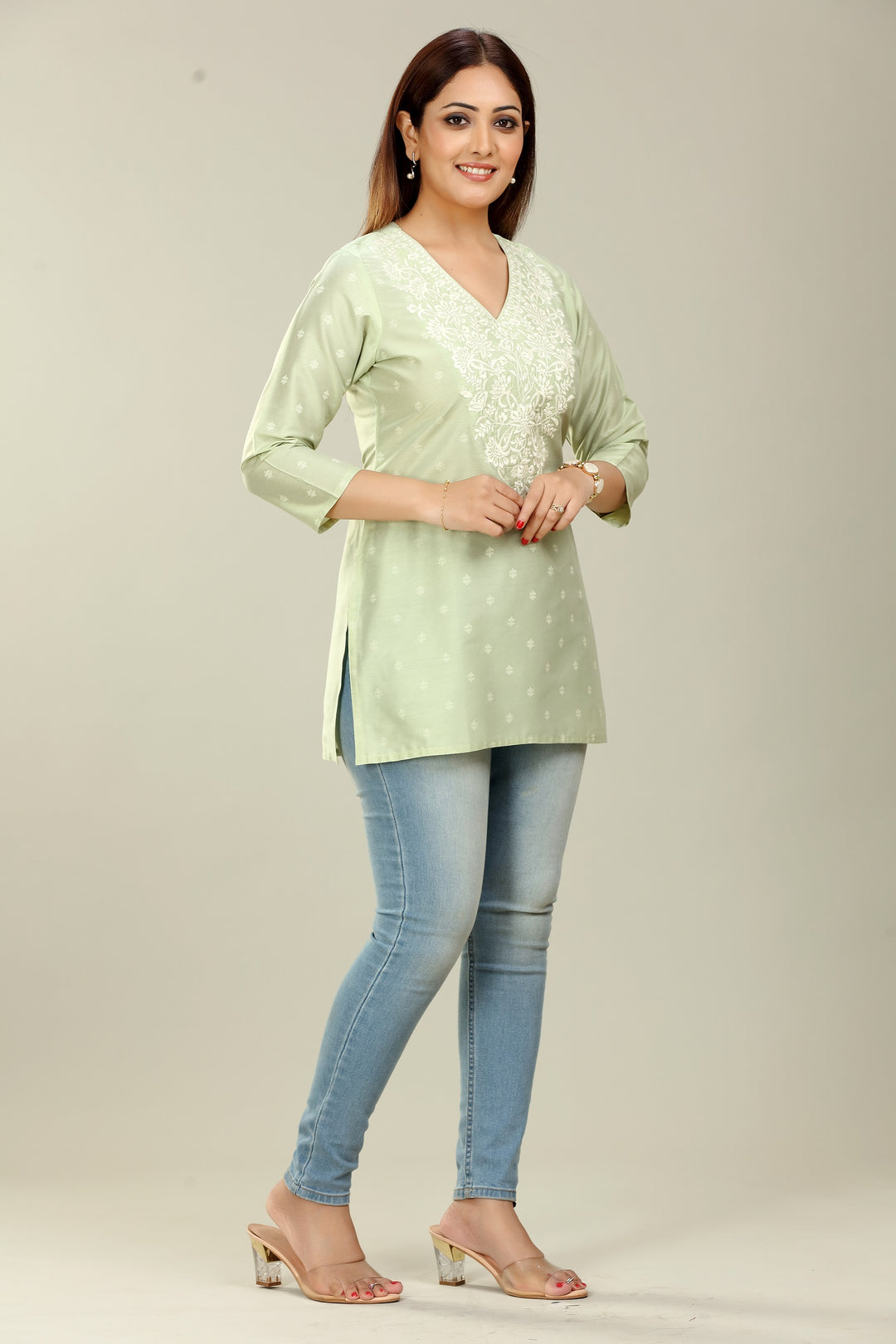 Pista Green Polysilk Straight Embroidered Short Kurta