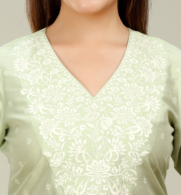 Pista Green Polysilk Straight Embroidered Short Kurta