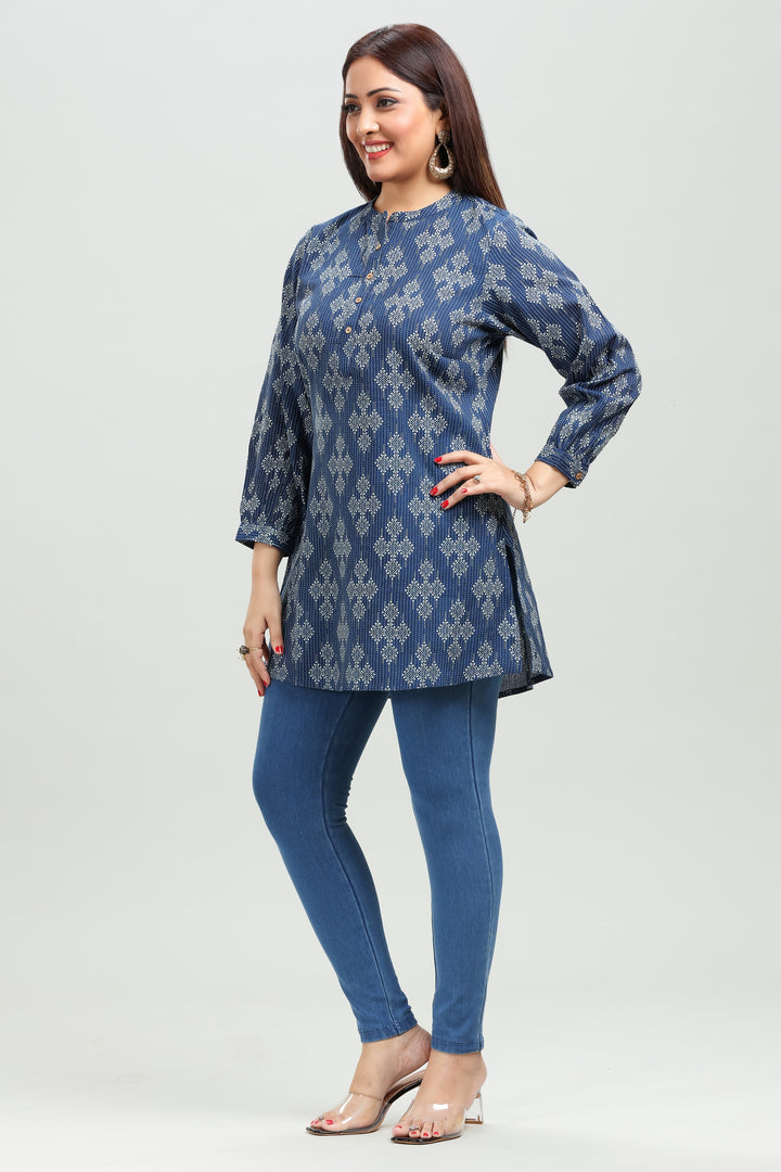 Navy Blue Handloom Cotton Printed Short Kurta