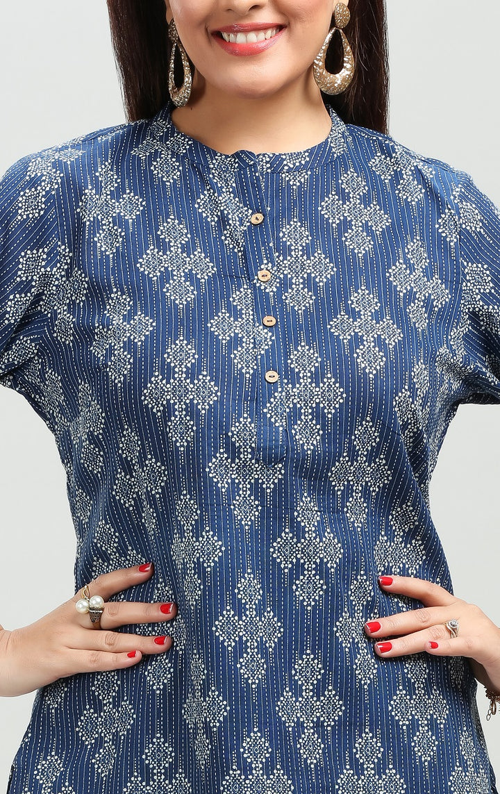 Navy Blue Handloom Cotton Printed Short Kurta