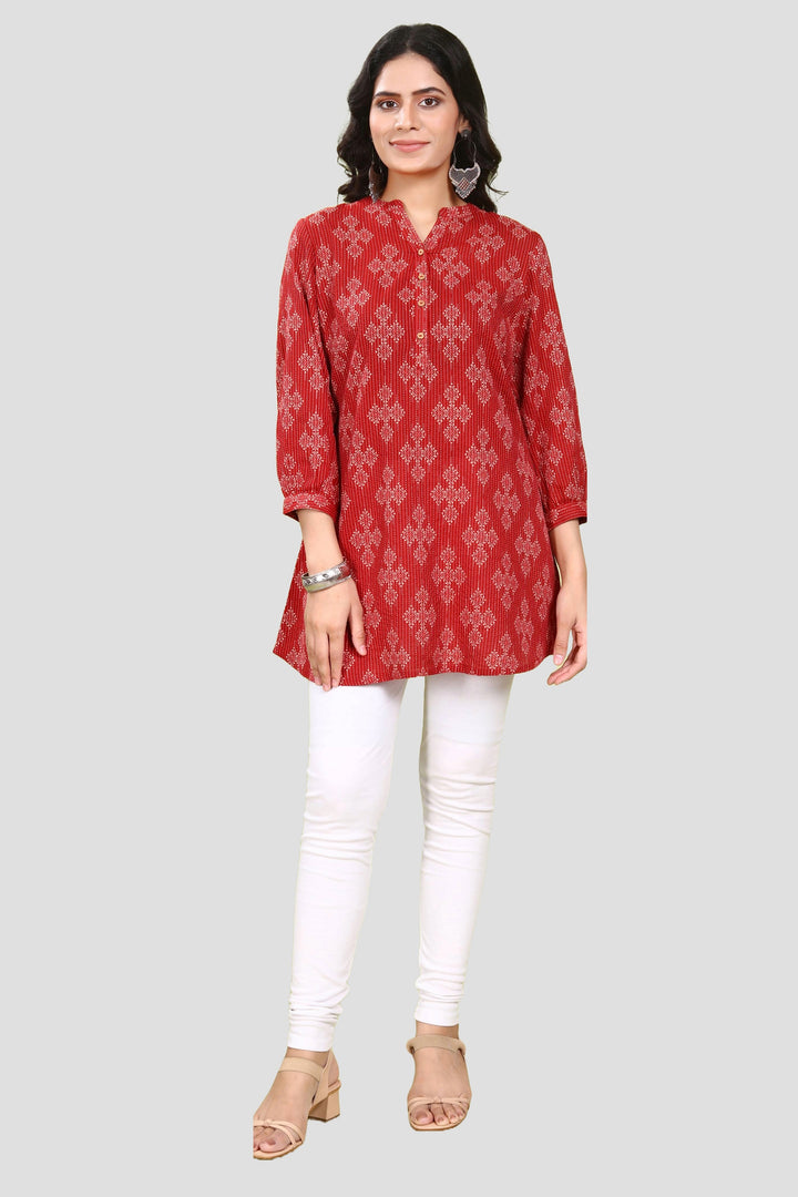 Maroon Handloom Cotton Straight Printed Short kurta