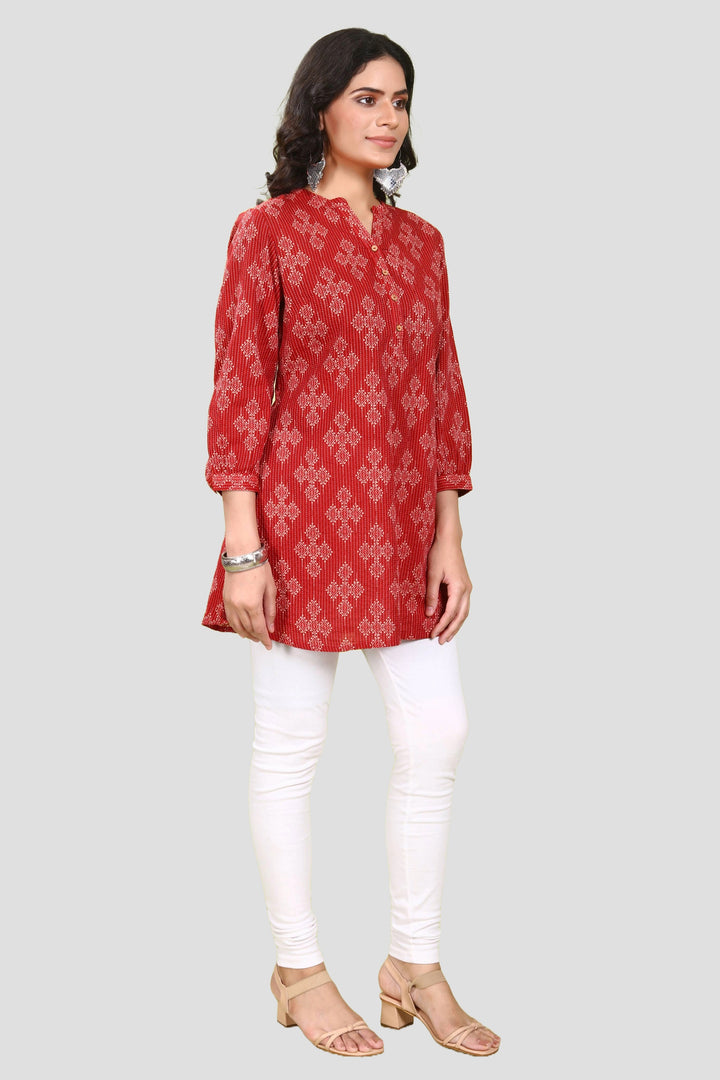 Maroon Handloom Cotton Straight Printed Short kurta