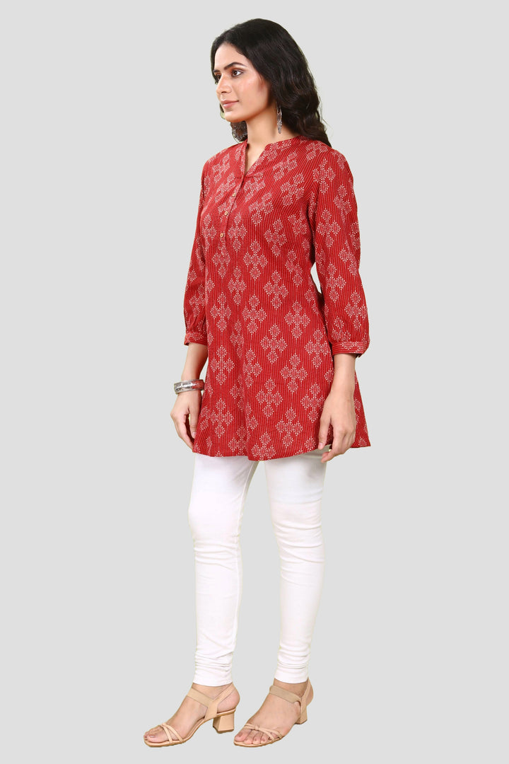 Maroon Handloom Cotton Straight Printed Short kurta