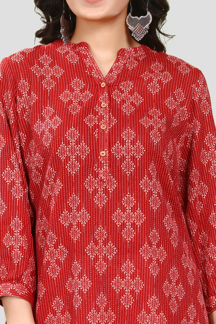 Maroon Handloom Cotton Straight Printed Short kurta