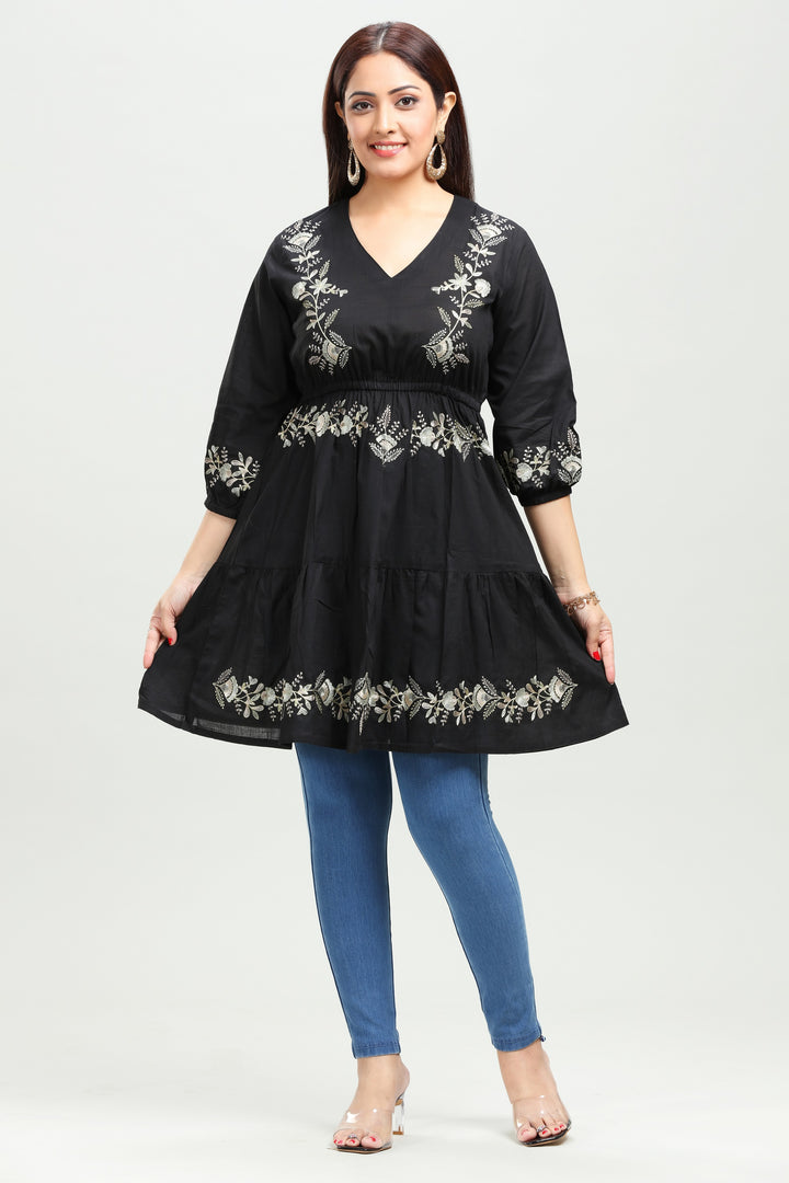 Black Cotton Flared Embroidered Short Kurta