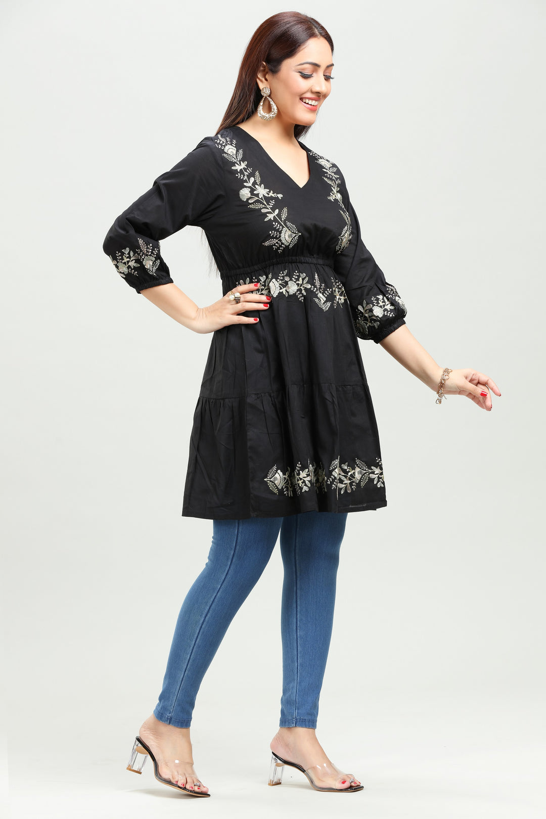 Black Cotton Flared Embroidered Short Kurta