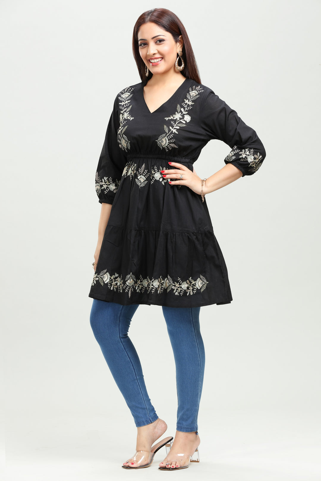 Black Cotton Flared Embroidered Short Kurta