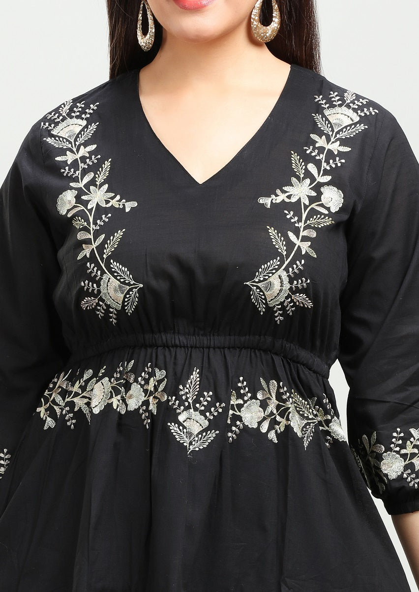 Black Cotton Flared Embroidered Short Kurta