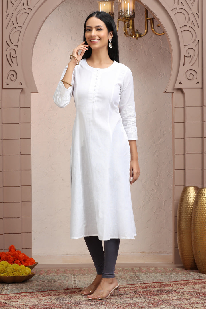 White Flax Cotton Straight Embroidered Kurta