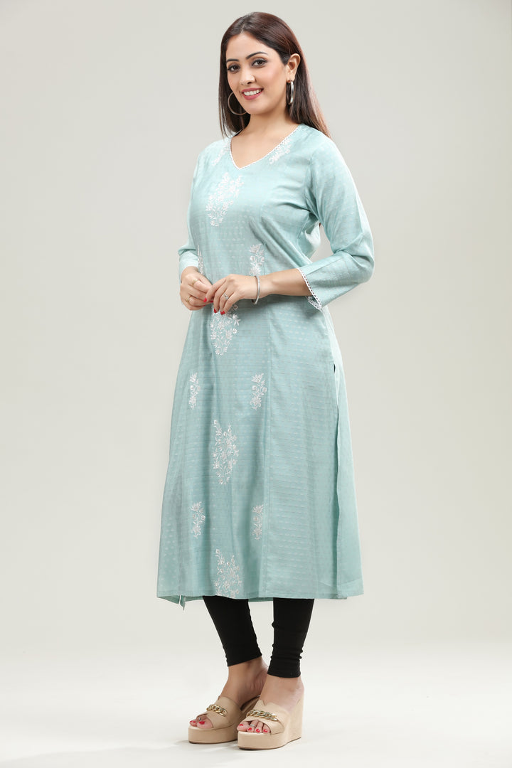 Pista Green Slub Rayon Straight Embroidered Kurta