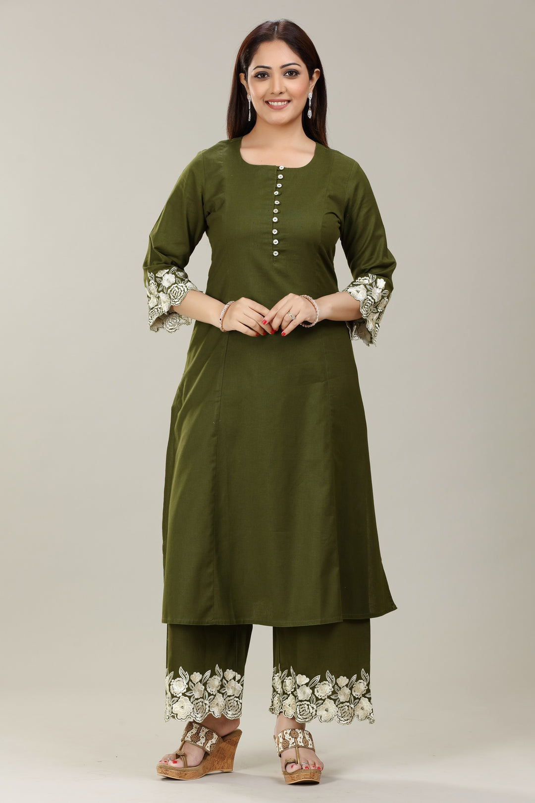 Bottle Green Cotton A Line Embroidered Kurta