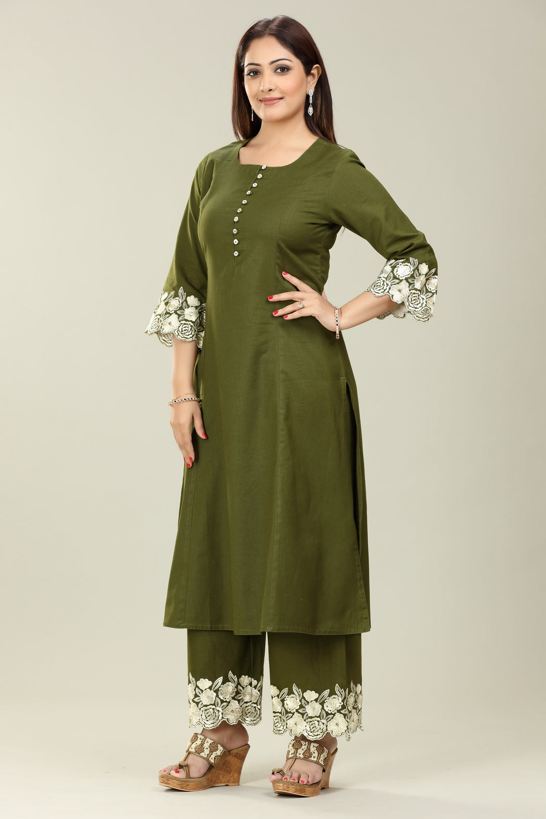 Bottle Green Cotton A Line Embroidered Kurta