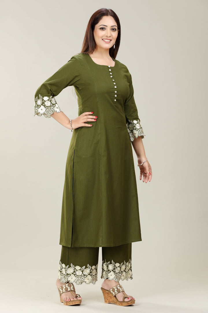 Bottle Green Cotton A Line Embroidered Kurta