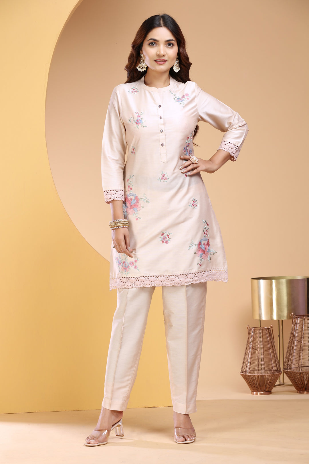 Cream PolySilk Straight Embroidered Kurta Pant Co ord Set