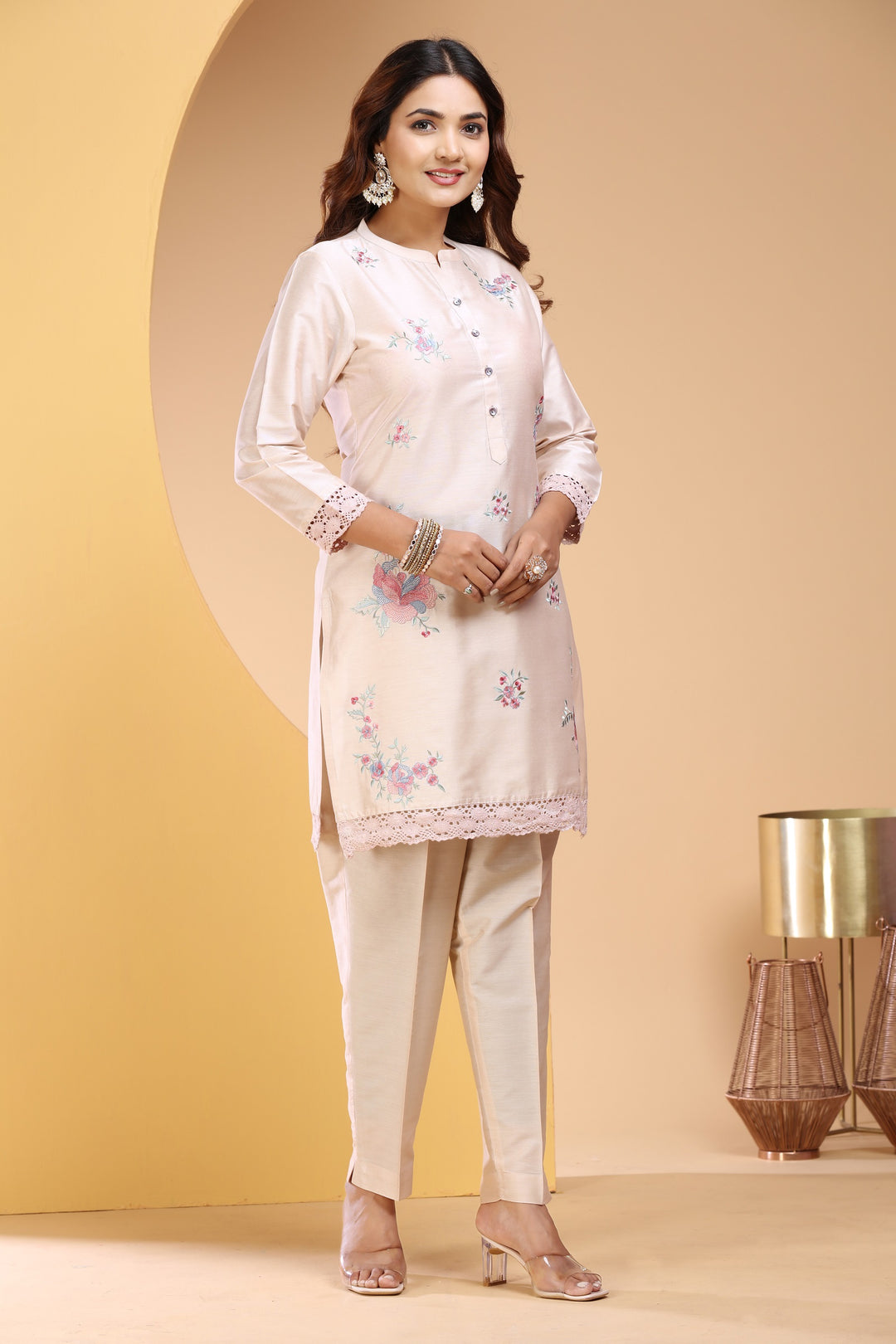 Cream PolySilk Straight Embroidered Kurta Pant Co ord Set